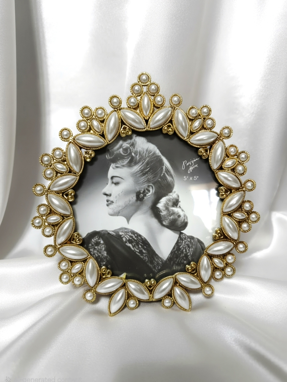 Vintage Elegant round picture frame Gold Tone Embellished With Faux Pearls 6.5"